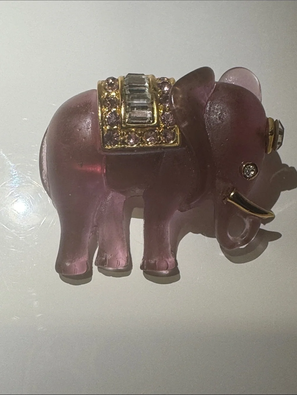 Vintage Translucent Pink Elephant Brooch Gold Tone Rhinestone Statement Pin